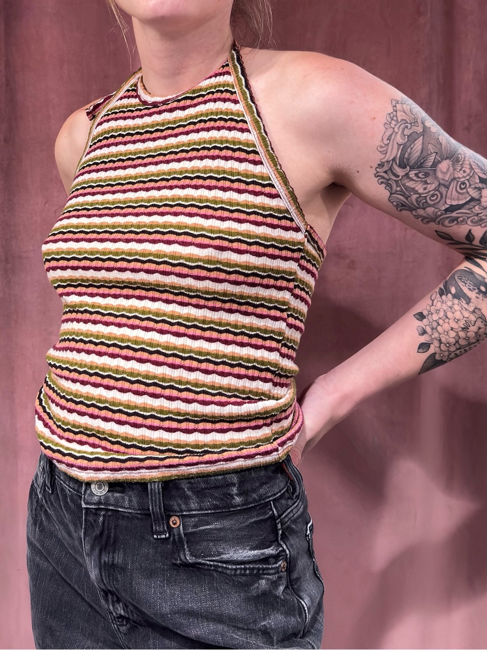 American Eagle Striped Ribbed Halter Top Y2K Boho M